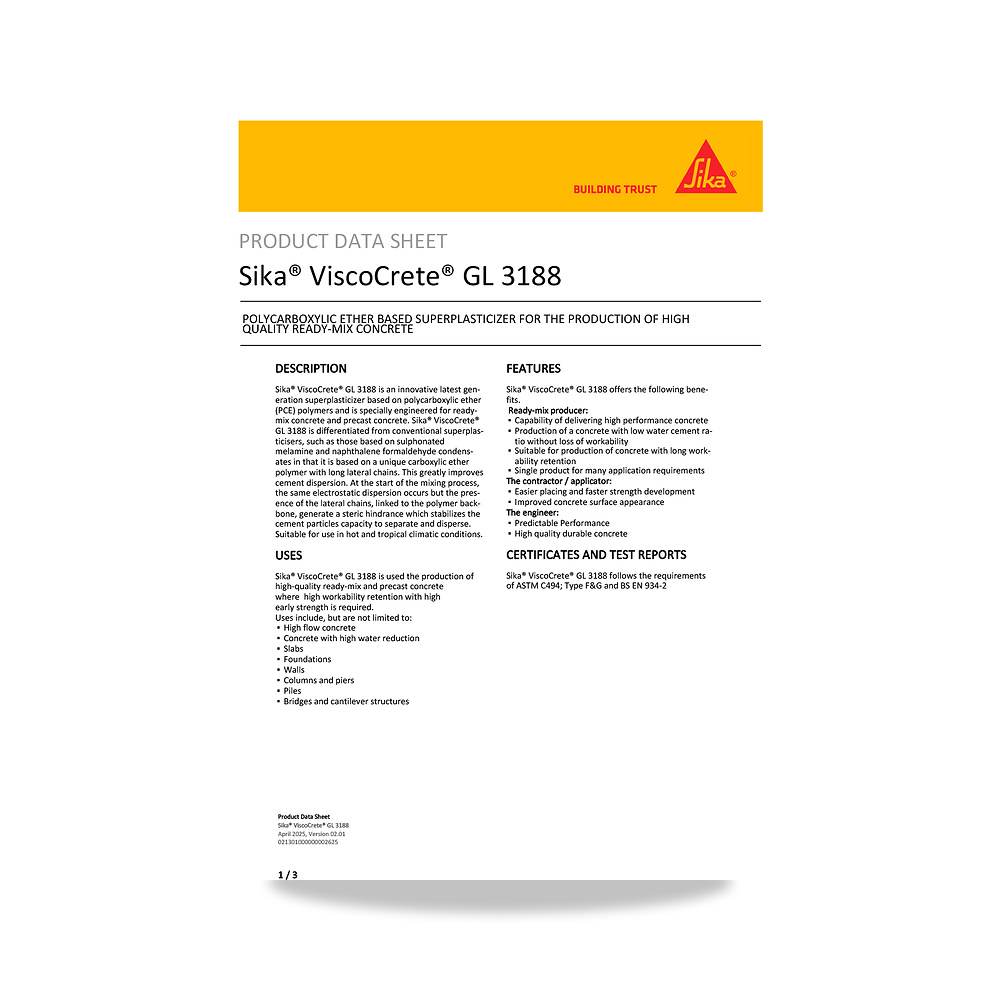 صورة منتج إضافة خرسانية لتحسين الخواص وتقليل المياه (Admixture) سيكا (Sika) موديل Sika ViscoCrete GL 3188 - كود الصنف reemco-2027-1444017 - ماركة يباع من خلال reemco - توريد وتصوير حصري لشركة ريمكو القابضة السعودية