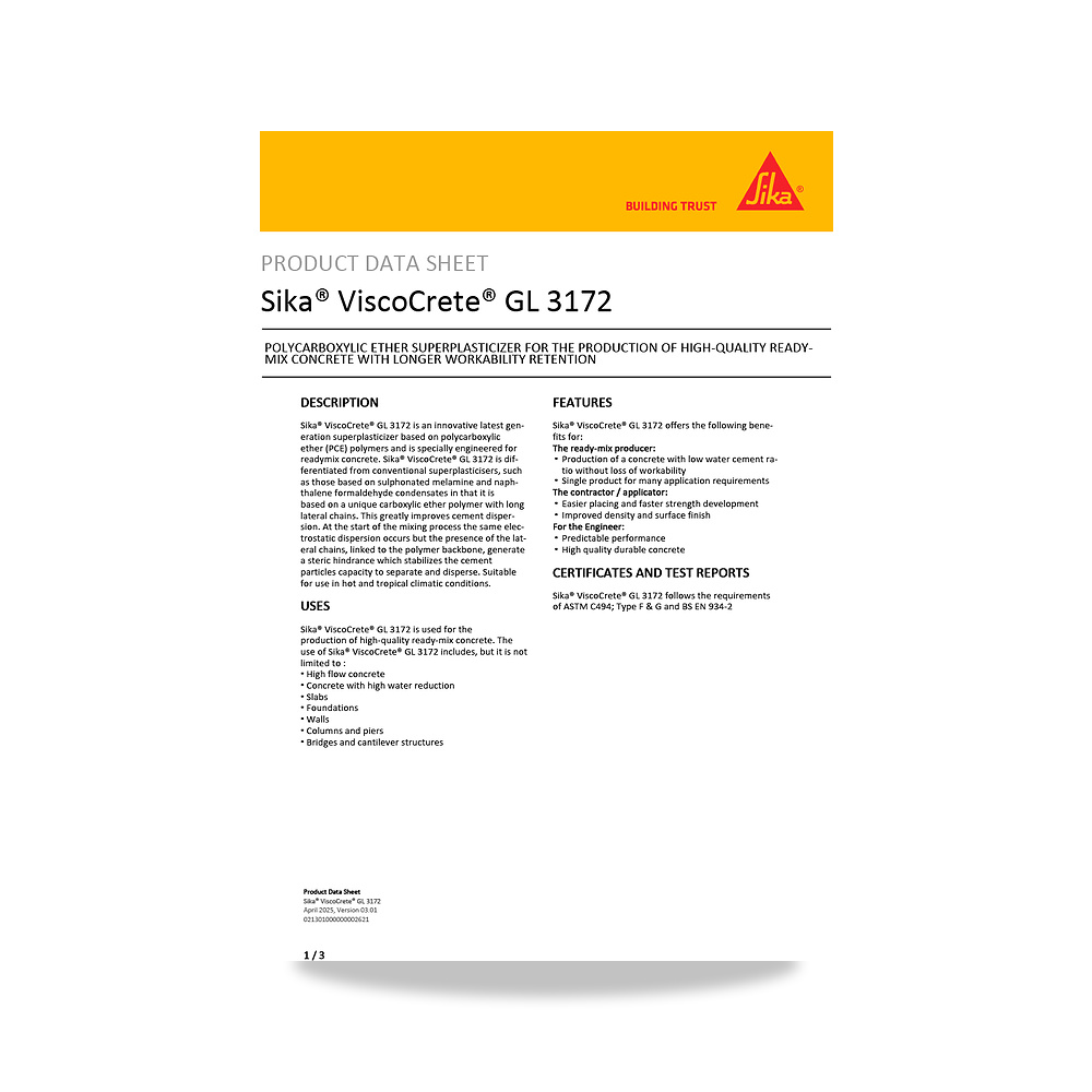 صورة منتج إضافة خرسانية لتحسين الخواص وتقليل المياه (Admixture) سيكا (Sika) موديل Sika ViscoCrete GL 3172 - كود الصنف reemco-2027-1444023 - ماركة يباع من خلال reemco - توريد وتصوير حصري لشركة ريمكو القابضة السعودية