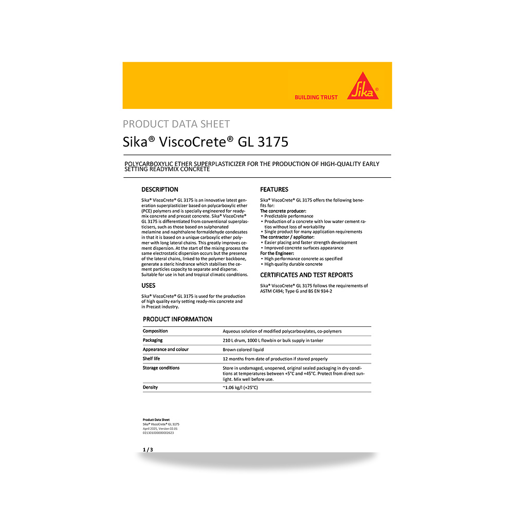 صورة منتج إضافة خرسانية لتحسين الخواص وتقليل المياه (Admixture) سيكا (Sika) موديل Sika ViscoCrete GL 3175 - كود الصنف reemco-2027-1444024 - ماركة يباع من خلال reemco - توريد وتصوير حصري لشركة ريمكو القابضة السعودية