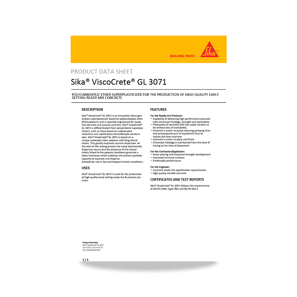 صورة منتج إضافة خرسانية لتحسين الخواص وتقليل المياه (Admixture) سيكا (Sika) موديل Sika ViscoCrete GL 3071 - كود الصنف reemco-2027-1444029 - ماركة يباع من خلال reemco - توريد وتصوير حصري لشركة ريمكو القابضة السعودية