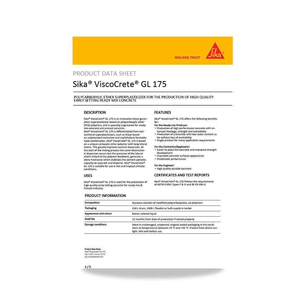 صورة منتج إضافة خرسانية لتحسين الخواص وتقليل المياه (Admixture) سيكا (Sika) موديل Sika ViscoCrete GL 175 - كود الصنف reemco-2027-1444030 - ماركة يباع من خلال reemco - توريد وتصوير حصري لشركة ريمكو القابضة السعودية