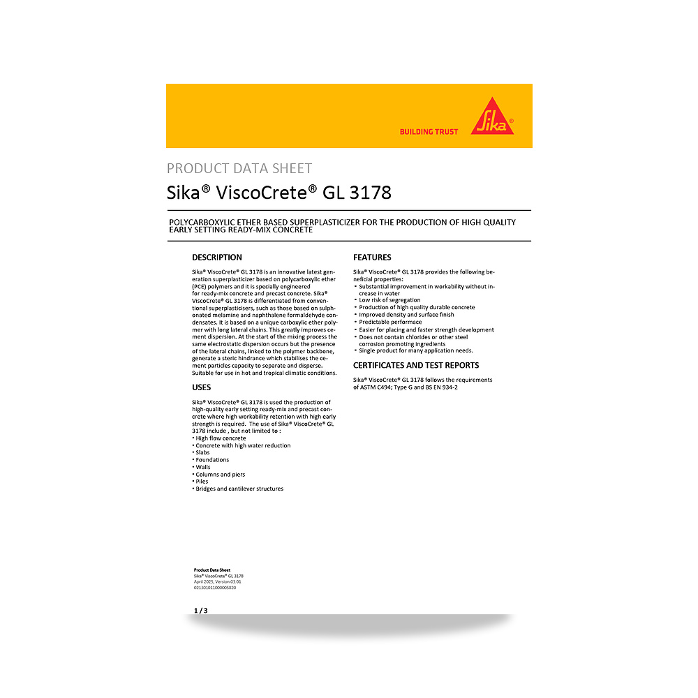 صورة منتج إضافة خرسانية لتحسين الخواص وتقليل المياه (Admixture) سيكا (Sika) موديل Sika ViscoCrete GL 3178 - كود الصنف reemco-2027-1444032 - ماركة يباع من خلال reemco - توريد وتصوير حصري لشركة ريمكو القابضة السعودية