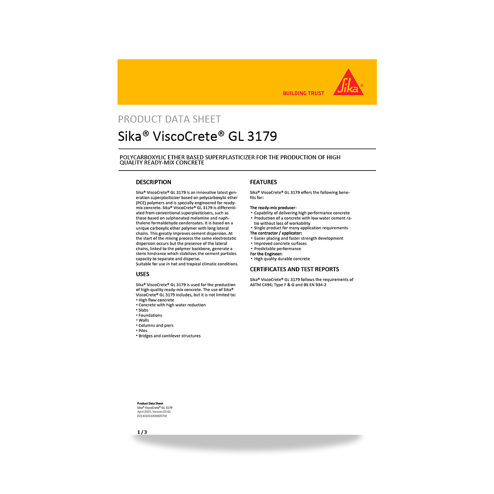 صورة منتج إضافة خرسانية لتحسين الخواص وتقليل المياه (Admixture) سيكا (Sika) موديل Sika ViscoCrete GL 3179 - كود الصنف reemco-2027-1444034 - ماركة يباع من خلال reemco - توريد وتصوير حصري لشركة ريمكو القابضة السعودية