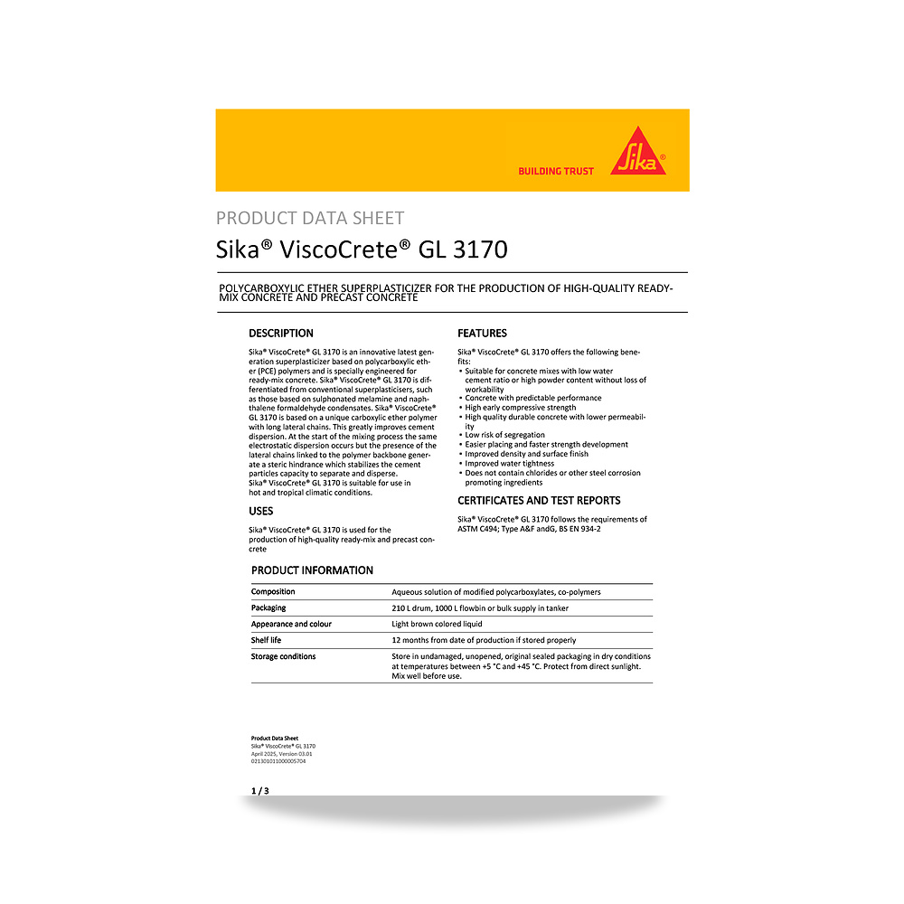 صورة منتج إضافة خرسانية لتحسين الخواص وتقليل المياه (Admixture) سيكا (Sika) موديل Sika ViscoCrete GL 3170 - كود الصنف reemco-2027-1444035 - ماركة يباع من خلال reemco - توريد وتصوير حصري لشركة ريمكو القابضة السعودية