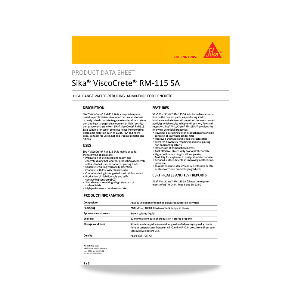 صورة منتج إضافة خرسانية لتحسين الخواص وتقليل المياه (Admixture) سيكا (Sika) موديل Sika ViscoCrete RM-115 SA - كود الصنف reemco-2027-1444046 - ماركة يباع من خلال reemco - توريد وتصوير حصري لشركة ريمكو القابضة السعودية