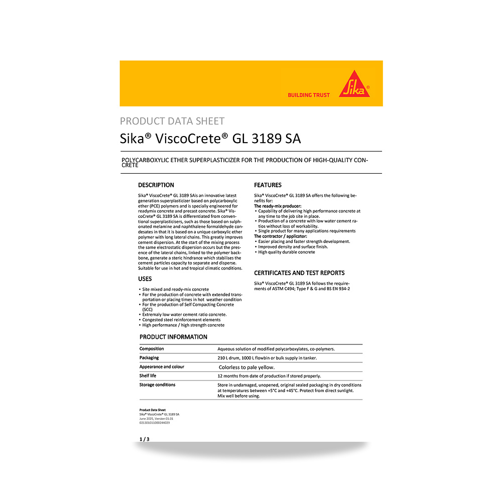 صورة منتج إضافة خرسانية لتحسين الخواص وتقليل المياه (Admixture) سيكا (Sika) موديل Sika ViscoCrete GL 3189 SA - كود الصنف reemco-2027-1444047 - ماركة يباع من خلال reemco - توريد وتصوير حصري لشركة ريمكو القابضة السعودية