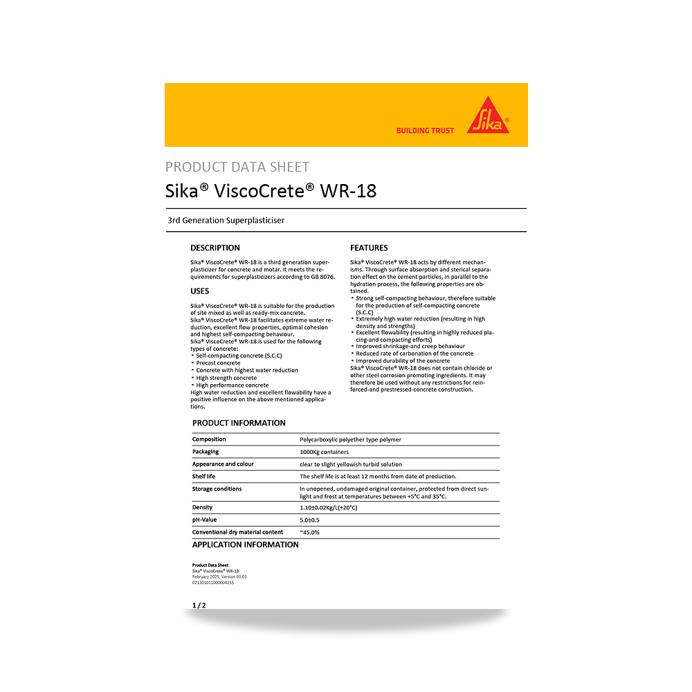 صورة منتج إضافة خرسانية لتحسين الخواص وتقليل المياه (Admixture) سيكا (Sika) موديل Sika ViscoCrete WR-18 - كود الصنف reemco-2027-1444049 - ماركة يباع من خلال reemco - توريد وتصوير حصري لشركة ريمكو القابضة السعودية