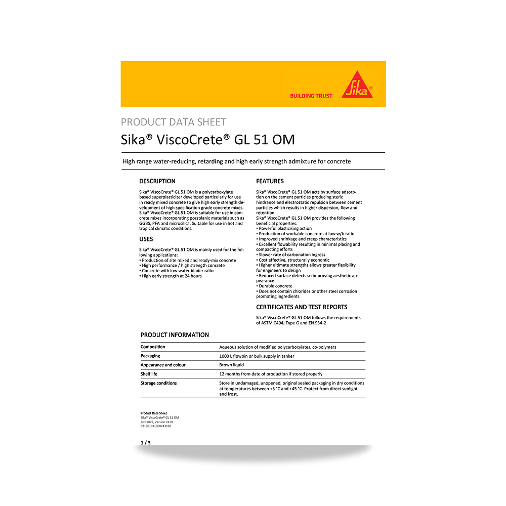 صورة منتج إضافة خرسانية لتحسين الخواص وتقليل المياه (Admixture) سيكا (Sika) موديل Sika ViscoCrete GL 51 OM - كود الصنف reemco-2027-1444050 - ماركة يباع من خلال reemco - توريد وتصوير حصري لشركة ريمكو القابضة السعودية