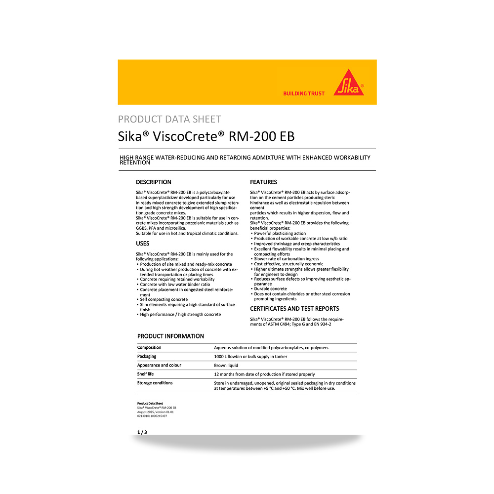 صورة منتج إضافة خرسانية لتحسين الخواص وتقليل المياه (Admixture) سيكا (Sika) موديل Sika ViscoCrete RM-200 EB - كود الصنف reemco-2027-1444053 - ماركة يباع من خلال reemco - توريد وتصوير حصري لشركة ريمكو القابضة السعودية