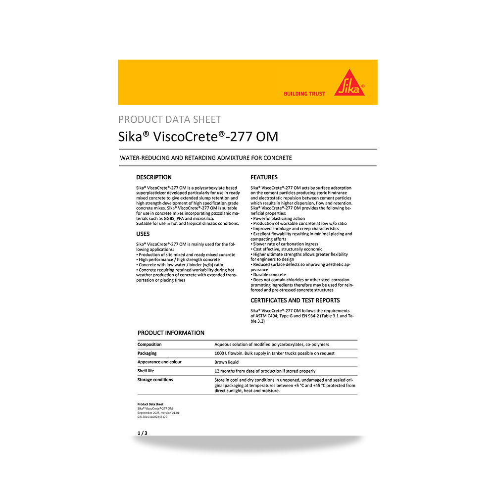 صورة منتج إضافة خرسانية لتحسين الخواص وتقليل المياه (Admixture) سيكا (Sika) موديل Sika ViscoCrete-277 OM - كود الصنف reemco-2027-1444057 - ماركة يباع من خلال reemco - توريد وتصوير حصري لشركة ريمكو القابضة السعودية
