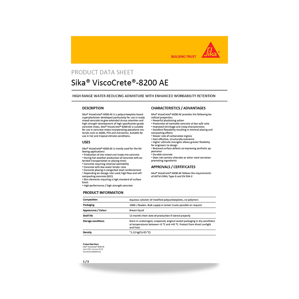 صورة منتج إضافة خرسانية لتحسين الخواص وتقليل المياه (Admixture) سيكا (Sika) موديل Sika ViscoCrete-8200 AE - كود الصنف reemco-2027-1444066 - ماركة يباع من خلال reemco - توريد وتصوير حصري لشركة ريمكو القابضة السعودية