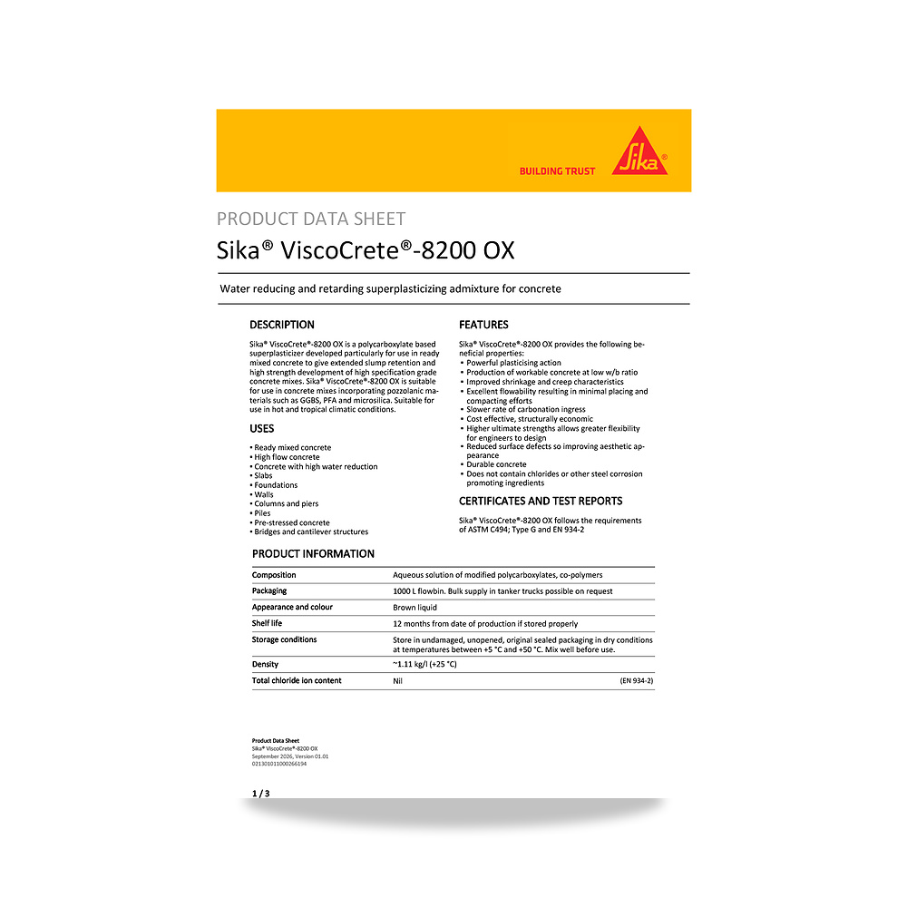 صورة منتج إضافة خرسانية لتحسين الخواص وتقليل المياه (Admixture) سيكا (Sika) موديل Sika ViscoCrete-8200 OX - كود الصنف reemco-2027-1444069 - ماركة يباع من خلال reemco - توريد وتصوير حصري لشركة ريمكو القابضة السعودية