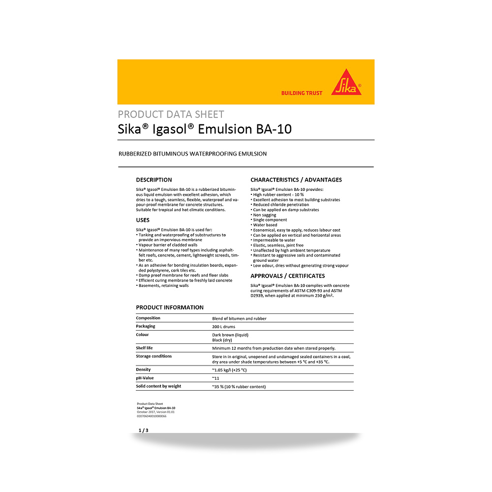 صورة منتج عازل مائي وحماية للأسطح والخرسانة والأساسات سيكا (Sika) موديل Sika Igasol Emulsion BA-10 - كود الصنف reemco-2027-1444081 - ماركة يباع من خلال reemco - توريد وتصوير حصري لشركة ريمكو القابضة السعودية
