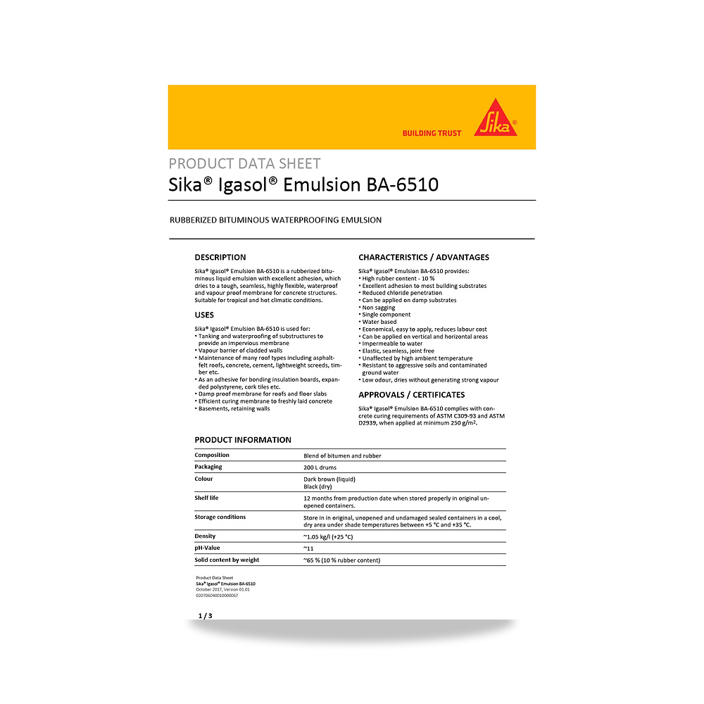 صورة منتج عازل مائي وحماية للأسطح والخرسانة والأساسات سيكا (Sika) موديل Sika Igasol Emulsion BA-6510 - كود الصنف reemco-2027-1444082 - ماركة يباع من خلال reemco - توريد وتصوير حصري لشركة ريمكو القابضة السعودية