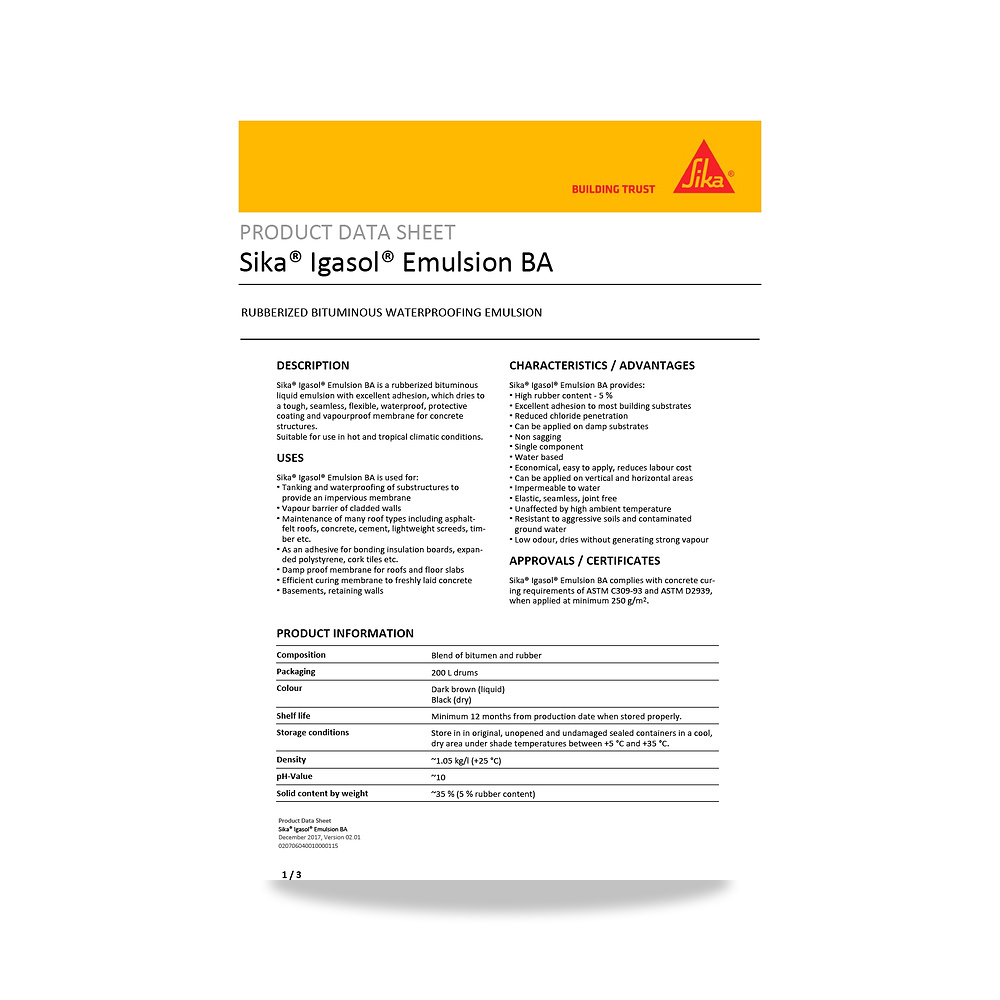 صورة منتج عازل مائي وحماية للأسطح والخرسانة والأساسات سيكا (Sika) موديل Sika Igasol Emulsion BA - كود الصنف reemco-2027-1444083 - ماركة يباع من خلال reemco - توريد وتصوير حصري لشركة ريمكو القابضة السعودية