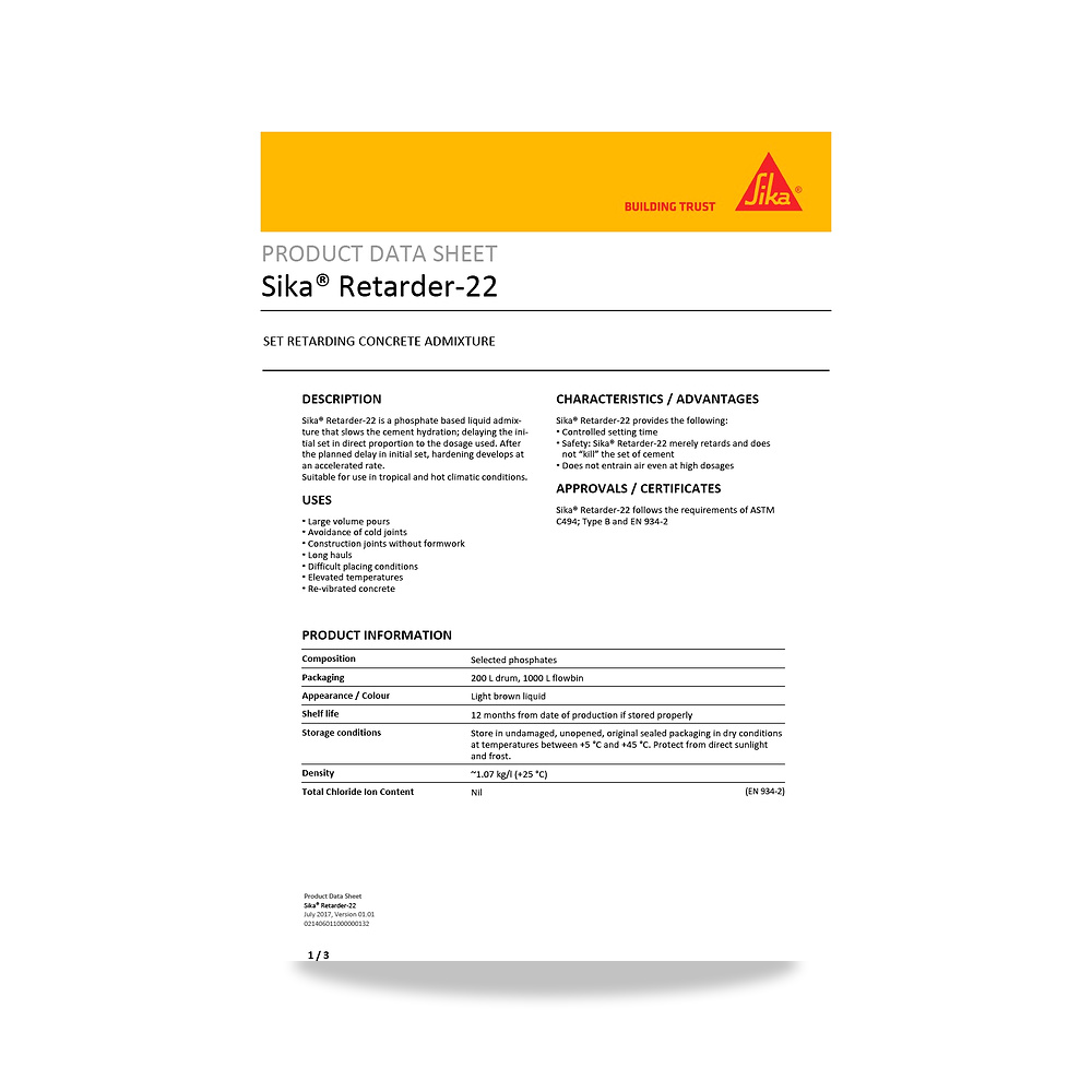 صورة منتج إضافة خرسانية لتحسين الخواص وتقليل المياه (Admixture) سيكا (Sika) موديل Sika Retarder-22 - كود الصنف reemco-2027-1444351 - ماركة يباع من خلال reemco - توريد وتصوير حصري لشركة ريمكو القابضة السعودية
