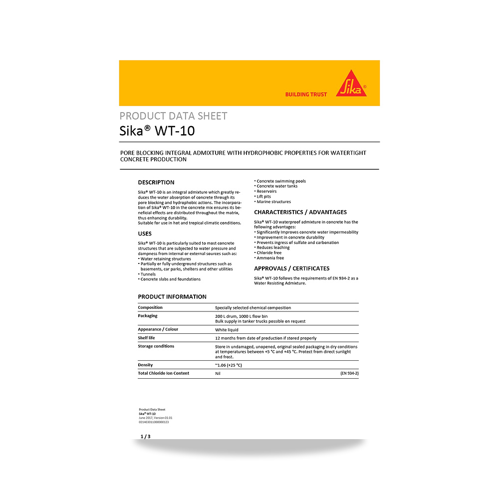 صورة منتج إضافة خرسانية لتحسين الخواص وتقليل المياه (Admixture) سيكا (Sika) موديل Sika WT-10 - كود الصنف reemco-2027-1444352 - ماركة يباع من خلال reemco - توريد وتصوير حصري لشركة ريمكو القابضة السعودية