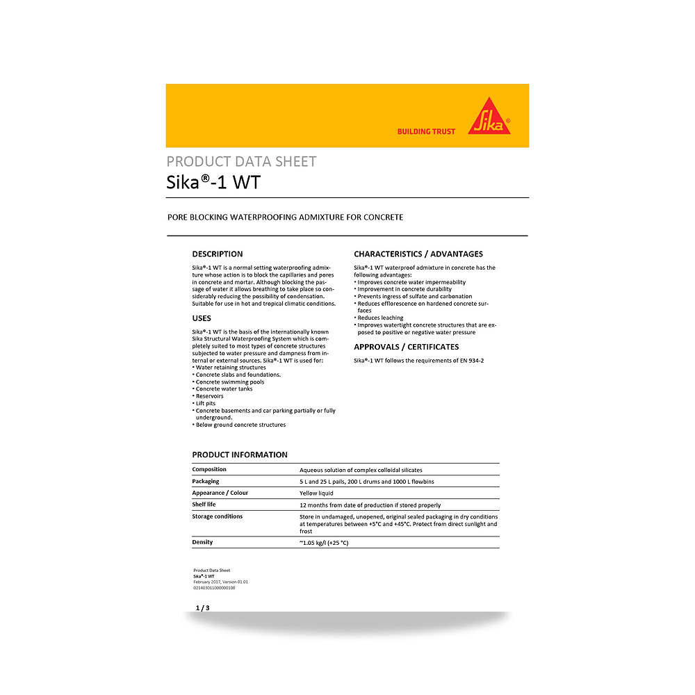 صورة منتج إضافة خرسانية لتحسين الخواص وتقليل المياه (Admixture) سيكا (Sika) موديل Sika-1 WT - كود الصنف reemco-2027-1444353 - ماركة يباع من خلال reemco - توريد وتصوير حصري لشركة ريمكو القابضة السعودية