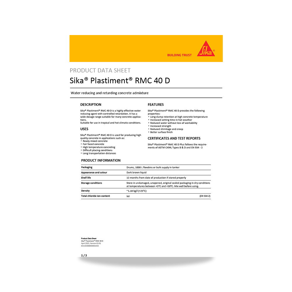 صورة منتج مسامير وبراغي وفيشر وخوابير سيكا (Sika) موديل Sika Plastiment RMC 40 D - كود الصنف reemco-2027-1444382 - ماركة يباع من خلال reemco - توريد وتصوير حصري لشركة ريمكو القابضة السعودية
