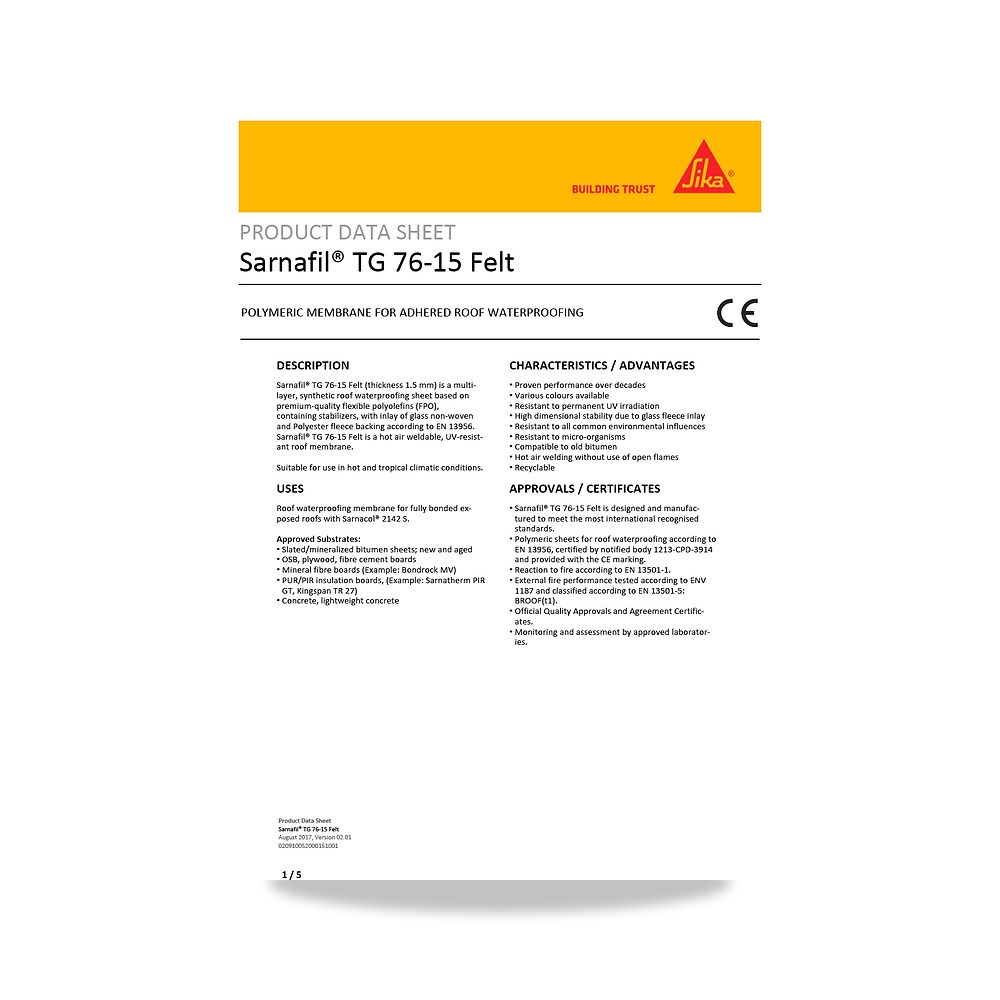 صورة منتج مسامير وبراغي وفيشر وخوابير سيكا (Sika) موديل Sarnafil TG 76-15 Felt - كود الصنف reemco-2027-1444416 - ماركة يباع من خلال reemco - توريد وتصوير حصري لشركة ريمكو القابضة السعودية