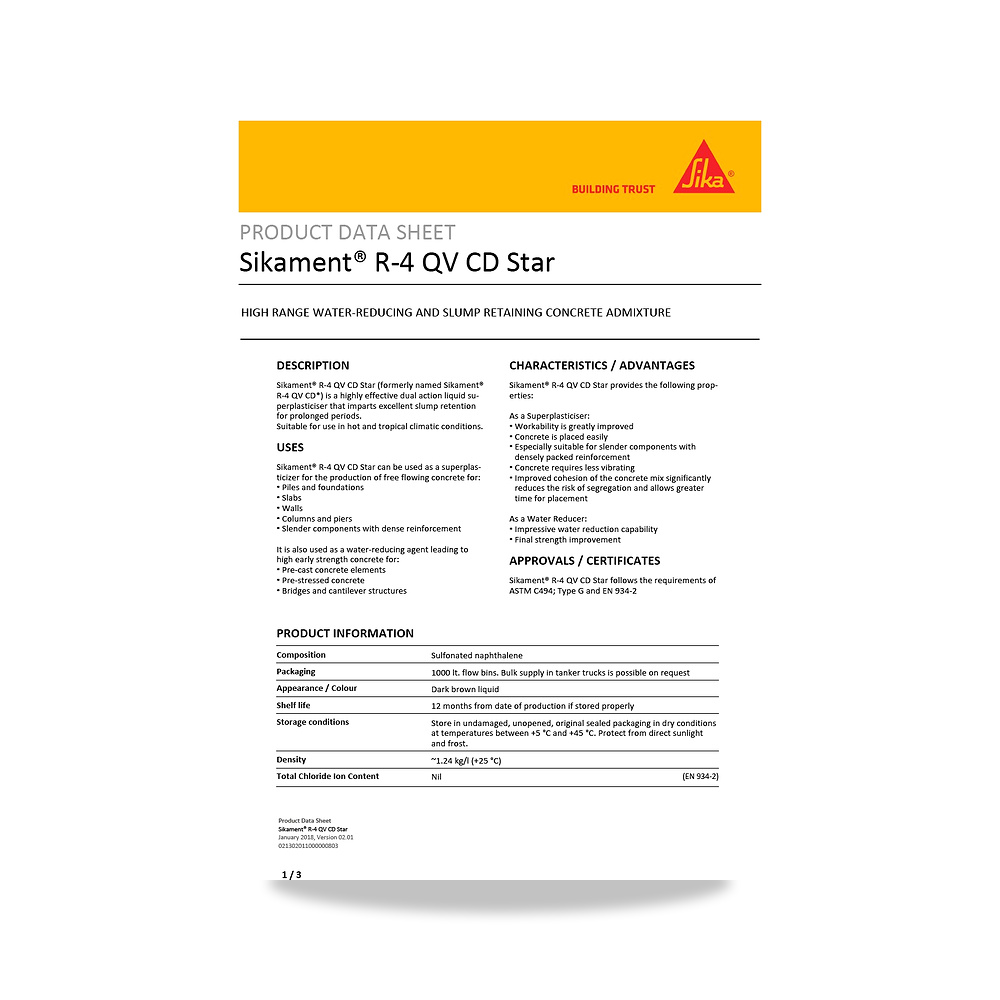 صورة منتج إضافة خرسانية لتحسين الخواص وتقليل المياه (Admixture) سيكا (Sika) موديل Sikament R-4 QV CD Star - كود الصنف reemco-2027-1444454 - ماركة يباع من خلال reemco - توريد وتصوير حصري لشركة ريمكو القابضة السعودية