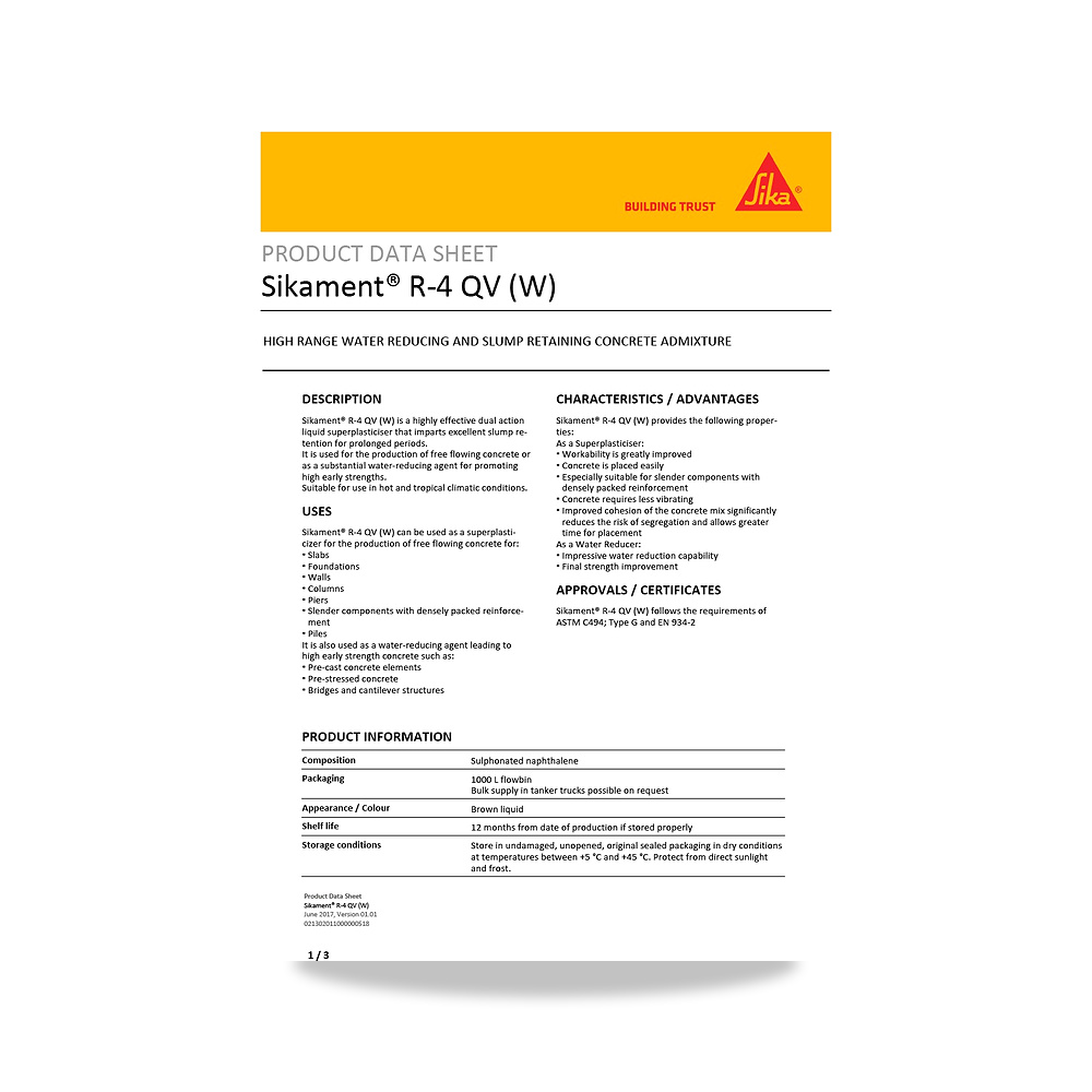 صورة منتج إضافة خرسانية لتحسين الخواص وتقليل المياه (Admixture) سيكا (Sika) موديل Sikament R-4 QV (W) - كود الصنف reemco-2027-1444456 - ماركة يباع من خلال reemco - توريد وتصوير حصري لشركة ريمكو القابضة السعودية