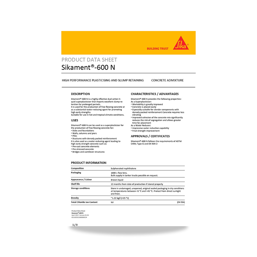 صورة منتج إضافة خرسانية لتحسين الخواص وتقليل المياه (Admixture) سيكا (Sika) موديل Sikament-600 N - كود الصنف reemco-2027-1444468 - ماركة يباع من خلال reemco - توريد وتصوير حصري لشركة ريمكو القابضة السعودية