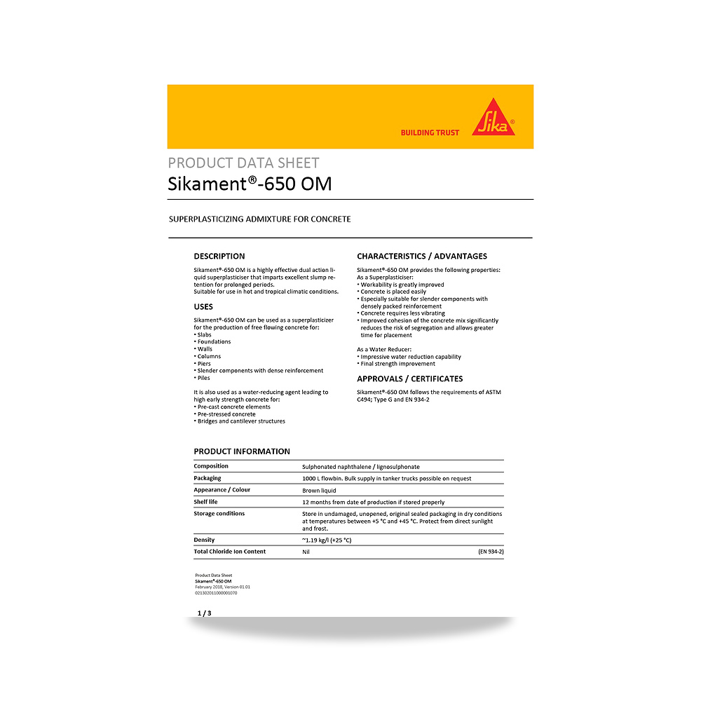 صورة منتج إضافة خرسانية لتحسين الخواص وتقليل المياه (Admixture) سيكا (Sika) موديل Sikament-650 OM - كود الصنف reemco-2027-1444470 - ماركة يباع من خلال reemco - توريد وتصوير حصري لشركة ريمكو القابضة السعودية