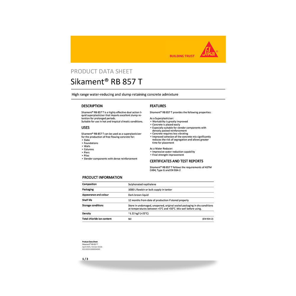 صورة منتج إضافة خرسانية لتحسين الخواص وتقليل المياه (Admixture) سيكا (Sika) موديل Sikament RB 857 T - كود الصنف reemco-2027-1444474 - ماركة يباع من خلال reemco - توريد وتصوير حصري لشركة ريمكو القابضة السعودية
