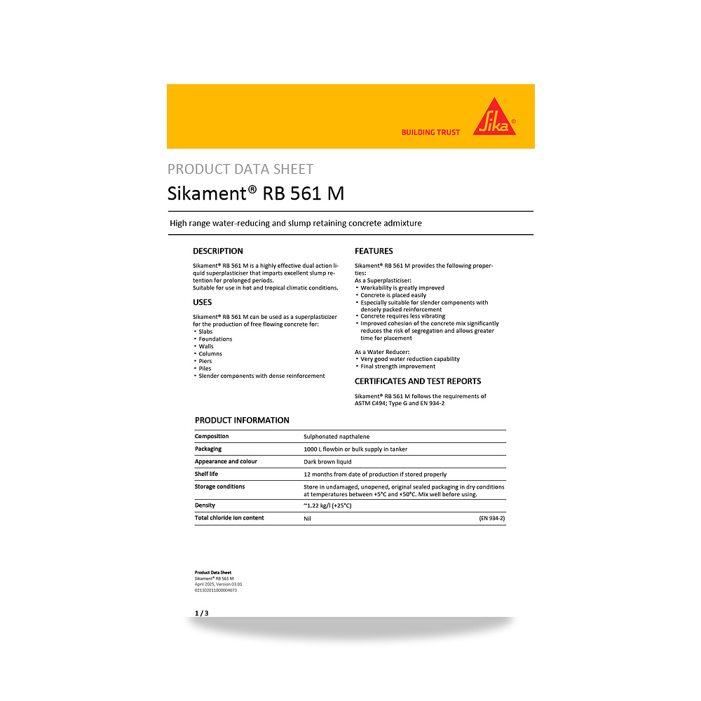صورة منتج إضافة خرسانية لتحسين الخواص وتقليل المياه (Admixture) سيكا (Sika) موديل Sikament RB 561 M - كود الصنف reemco-2027-1444475 - ماركة يباع من خلال reemco - توريد وتصوير حصري لشركة ريمكو القابضة السعودية