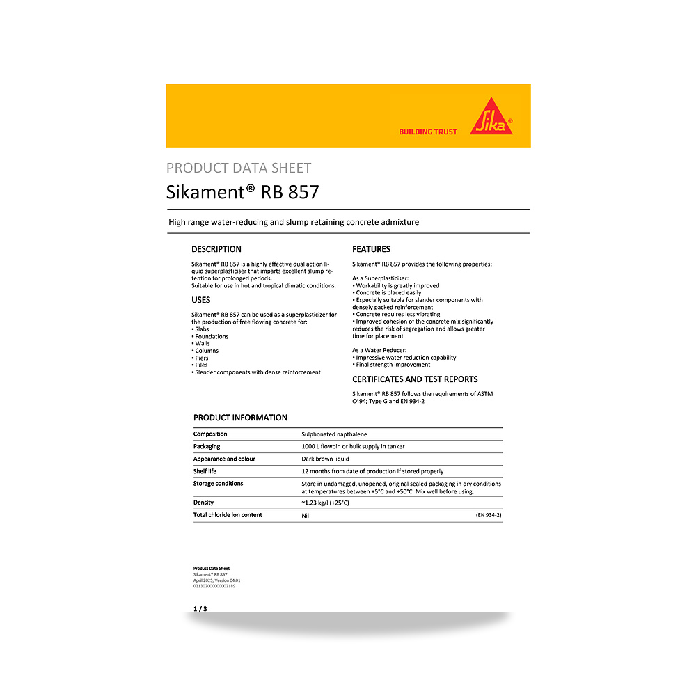 صورة منتج إضافة خرسانية لتحسين الخواص وتقليل المياه (Admixture) سيكا (Sika) موديل Sikament RB 857 - كود الصنف reemco-2027-1444482 - ماركة يباع من خلال reemco - توريد وتصوير حصري لشركة ريمكو القابضة السعودية