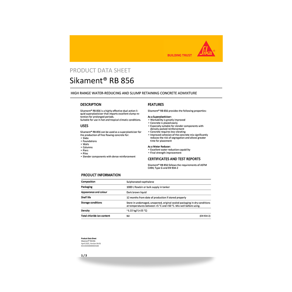 صورة منتج إضافة خرسانية لتحسين الخواص وتقليل المياه (Admixture) سيكا (Sika) موديل Sikament RB 856 - كود الصنف reemco-2027-1444483 - ماركة يباع من خلال reemco - توريد وتصوير حصري لشركة ريمكو القابضة السعودية