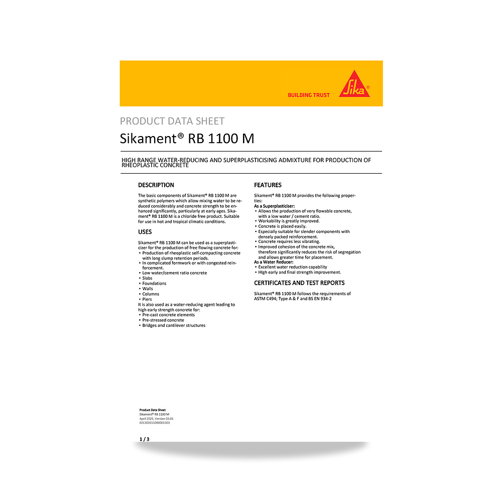 صورة منتج إضافة خرسانية لتحسين الخواص وتقليل المياه (Admixture) سيكا (Sika) موديل Sikament RB 1100 M - كود الصنف reemco-2027-1444486 - ماركة يباع من خلال reemco - توريد وتصوير حصري لشركة ريمكو القابضة السعودية