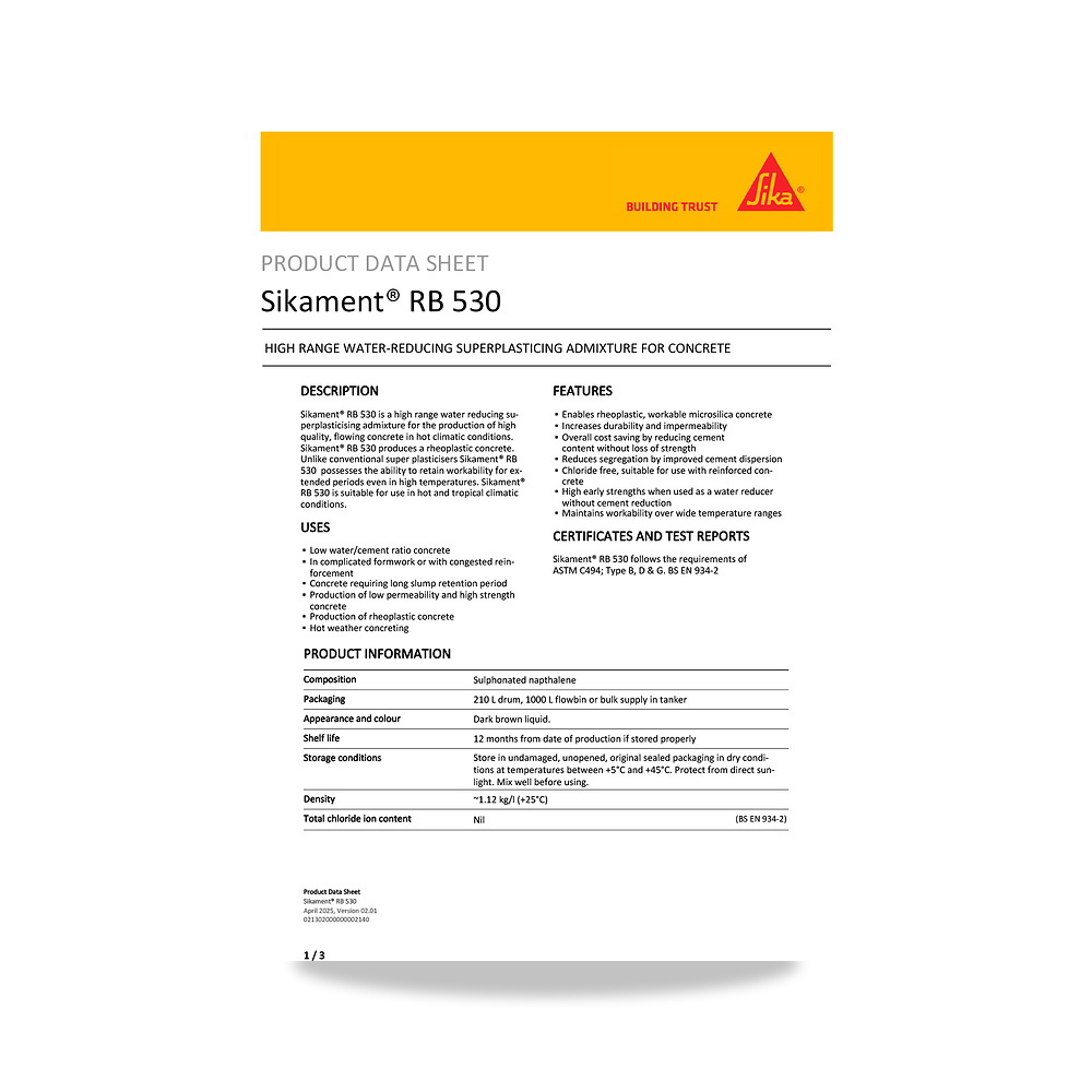 صورة منتج إضافة خرسانية لتحسين الخواص وتقليل المياه (Admixture) سيكا (Sika) موديل Sikament RB 530 - كود الصنف reemco-2027-1444488 - ماركة يباع من خلال reemco - توريد وتصوير حصري لشركة ريمكو القابضة السعودية