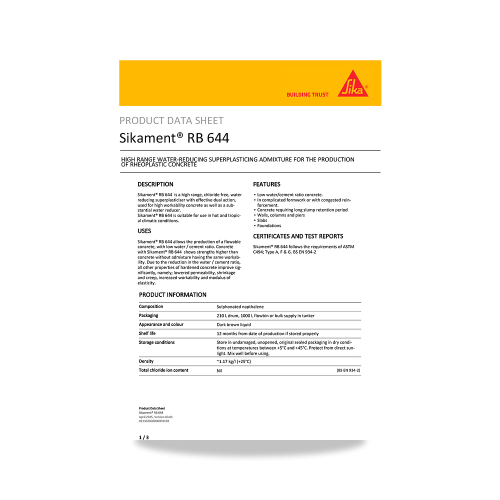 صورة منتج إضافة خرسانية لتحسين الخواص وتقليل المياه (Admixture) سيكا (Sika) موديل Sikament RB 644 - كود الصنف reemco-2027-1444489 - ماركة يباع من خلال reemco - توريد وتصوير حصري لشركة ريمكو القابضة السعودية