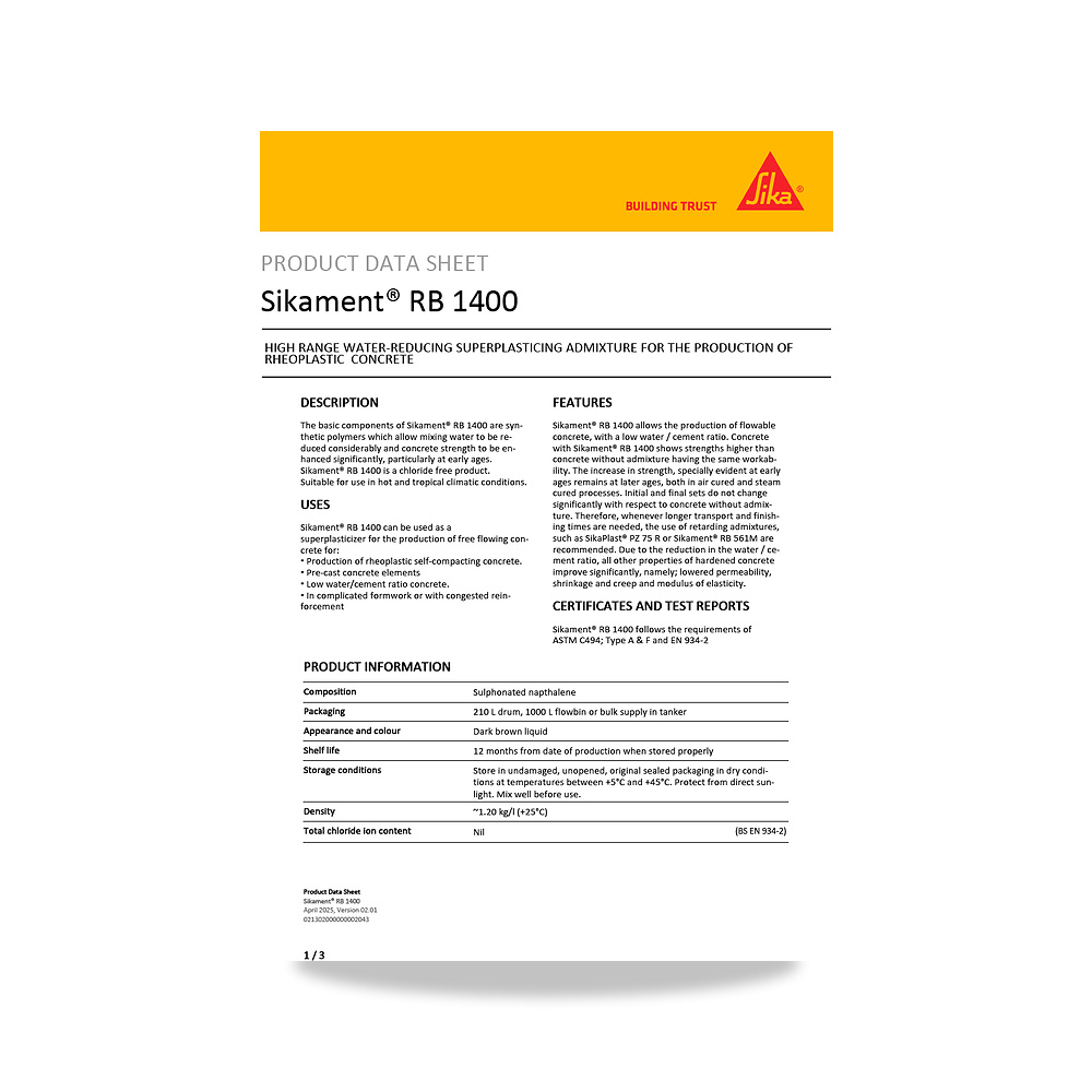 صورة منتج إضافة خرسانية لتحسين الخواص وتقليل المياه (Admixture) سيكا (Sika) موديل Sikament RB 1400 - كود الصنف reemco-2027-1444492 - ماركة يباع من خلال reemco - توريد وتصوير حصري لشركة ريمكو القابضة السعودية