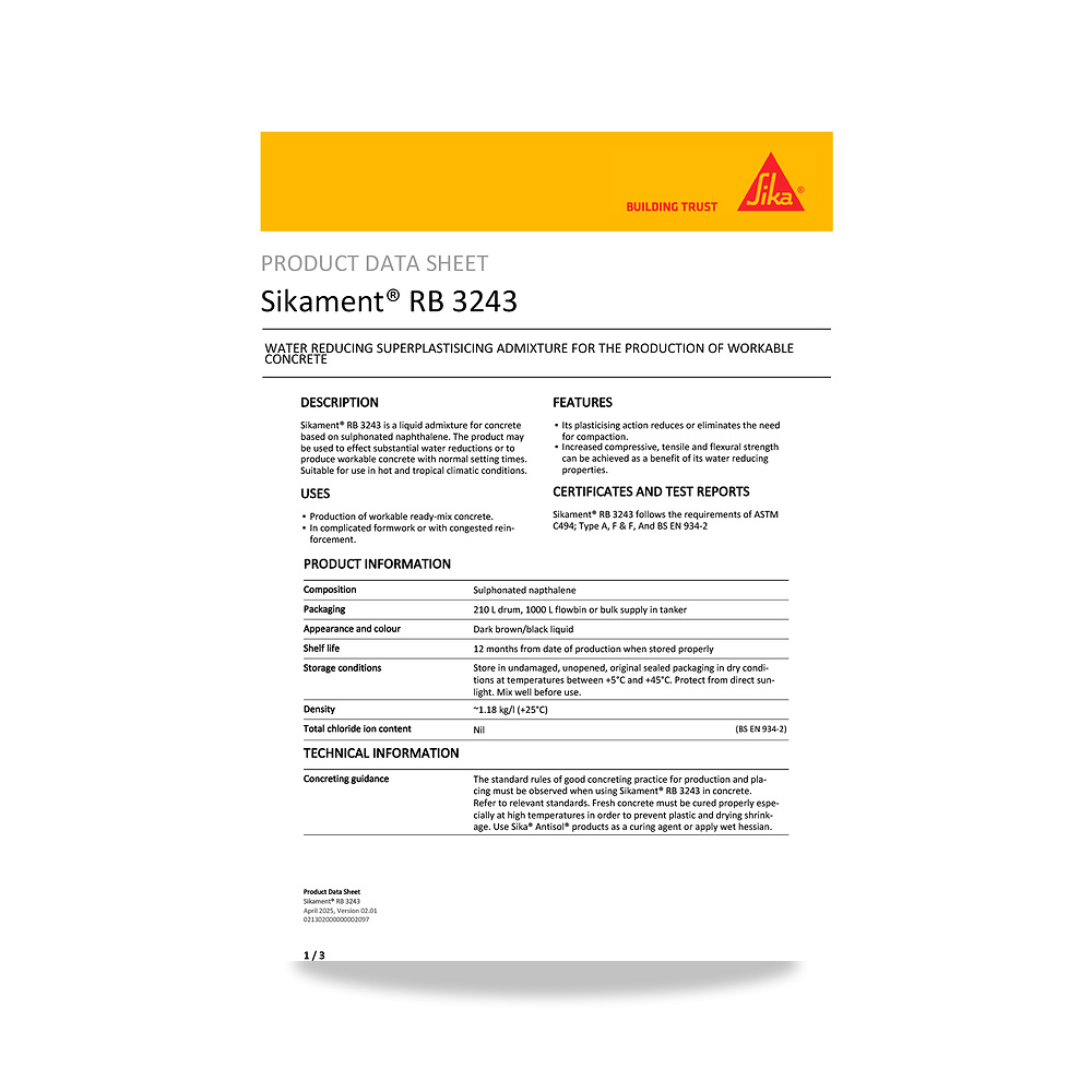 صورة منتج إضافة خرسانية لتحسين الخواص وتقليل المياه (Admixture) سيكا (Sika) موديل Sikament RB 3243 - كود الصنف reemco-2027-1444493 - ماركة يباع من خلال reemco - توريد وتصوير حصري لشركة ريمكو القابضة السعودية