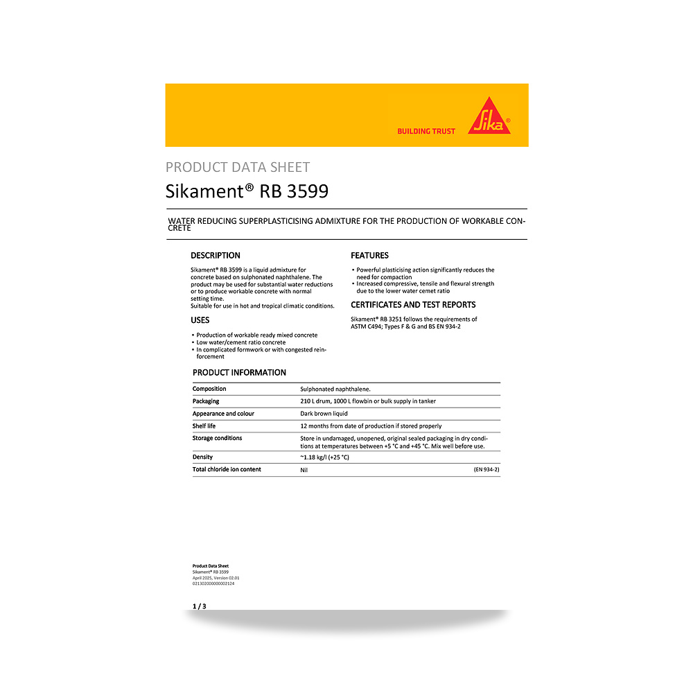 صورة منتج إضافة خرسانية لتحسين الخواص وتقليل المياه (Admixture) سيكا (Sika) موديل Sikament RB 3599 - كود الصنف reemco-2027-1444496 - ماركة يباع من خلال reemco - توريد وتصوير حصري لشركة ريمكو القابضة السعودية