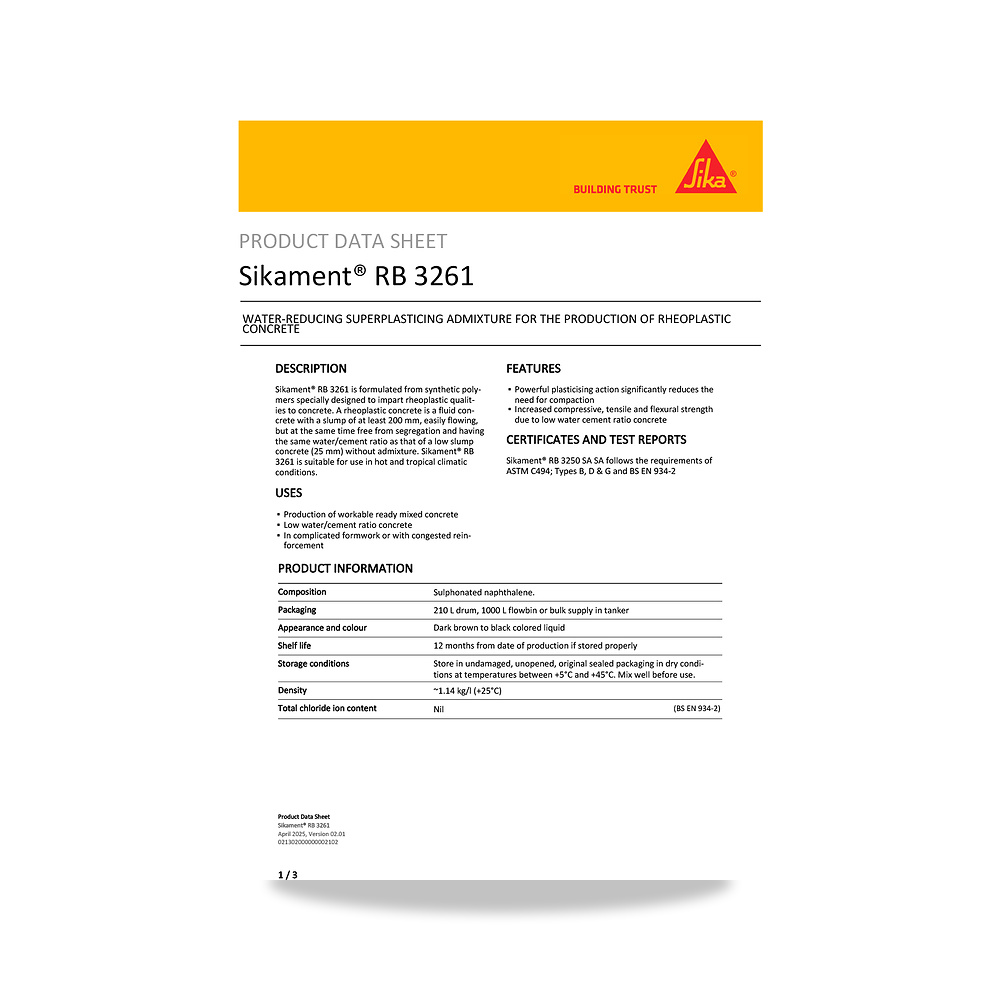 صورة منتج إضافة خرسانية لتحسين الخواص وتقليل المياه (Admixture) سيكا (Sika) موديل Sikament RB 3261 - كود الصنف reemco-2027-1444497 - ماركة يباع من خلال reemco - توريد وتصوير حصري لشركة ريمكو القابضة السعودية