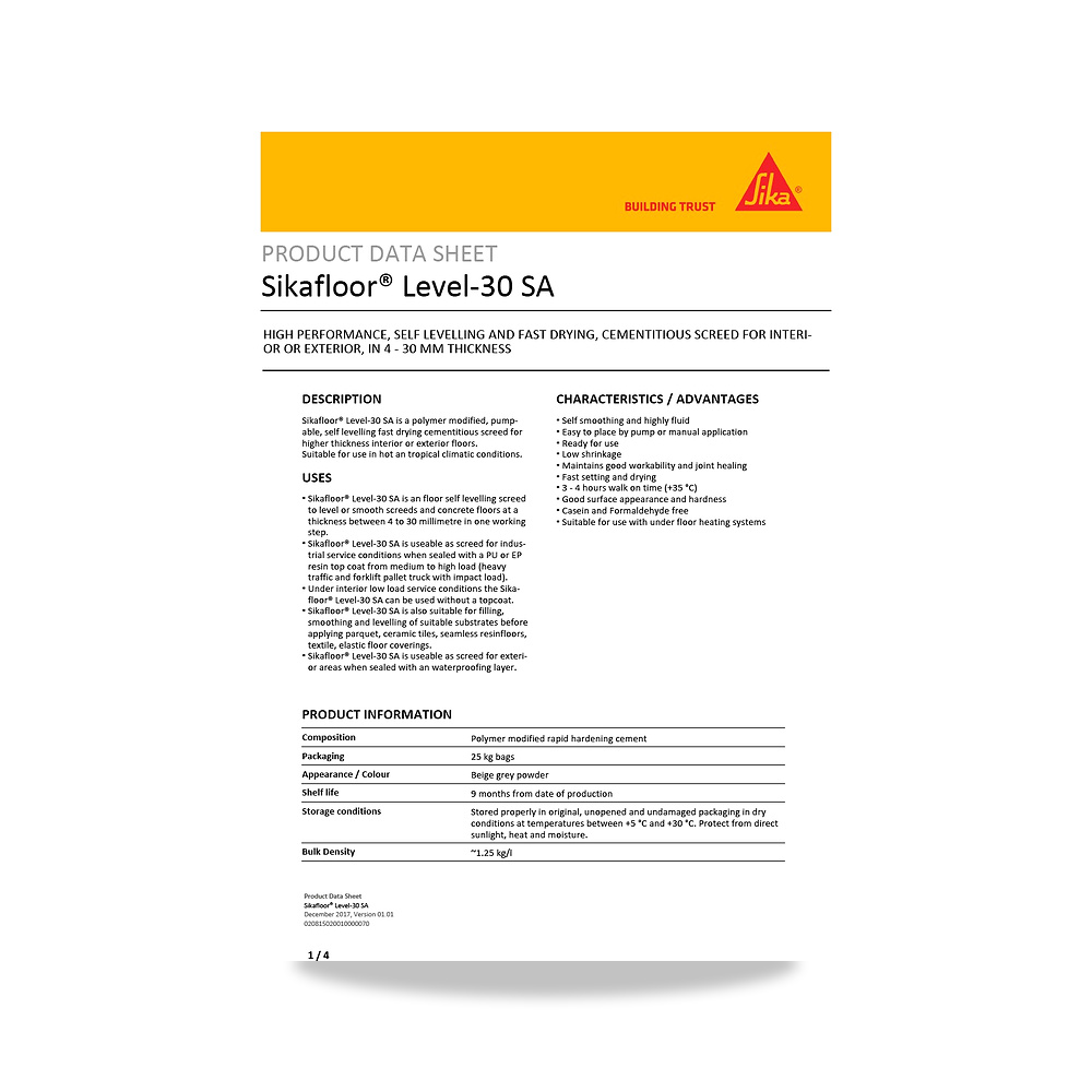 صورة منتج مونة وطلاء تقوية وتسوية الأرضيات الصناعية والخرسانية سيكا (Sika) موديل Sikafloor Level-30 SA - كود الصنف reemco-2027-1444500 - ماركة يباع من خلال reemco - توريد وتصوير حصري لشركة ريمكو القابضة السعودية