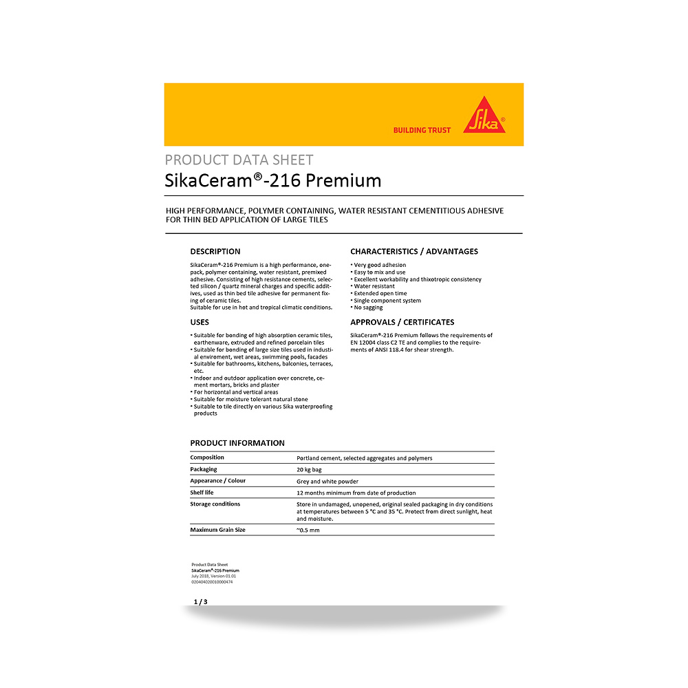 صورة منتج غراء ولاصق بلاط وسيراميك وبورسلان سيكا (Sika) موديل SikaCeram-216 Premium - كود الصنف reemco-2027-1444533 - ماركة يباع من خلال reemco - توريد وتصوير حصري لشركة ريمكو القابضة السعودية