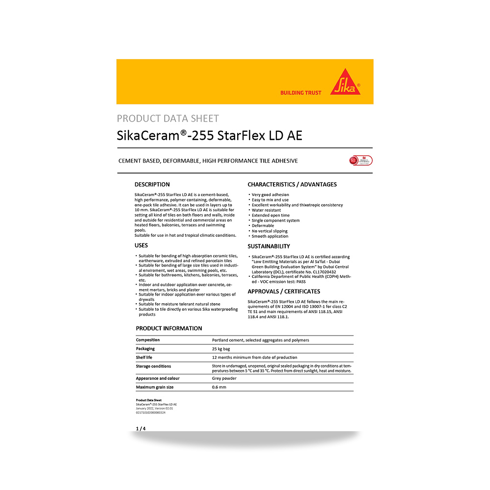صورة منتج غراء ولاصق بلاط وسيراميك وبورسلان سيكا (Sika) موديل SikaCeram-255 StarFlex LD AE - كود الصنف reemco-2027-1444535 - ماركة يباع من خلال reemco - توريد وتصوير حصري لشركة ريمكو القابضة السعودية