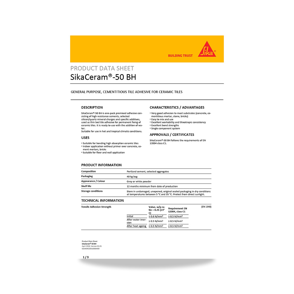 صورة منتج غراء ولاصق بلاط وسيراميك وبورسلان سيكا (Sika) موديل SikaCeram-50 BH - كود الصنف reemco-2027-1444536 - ماركة يباع من خلال reemco - توريد وتصوير حصري لشركة ريمكو القابضة السعودية