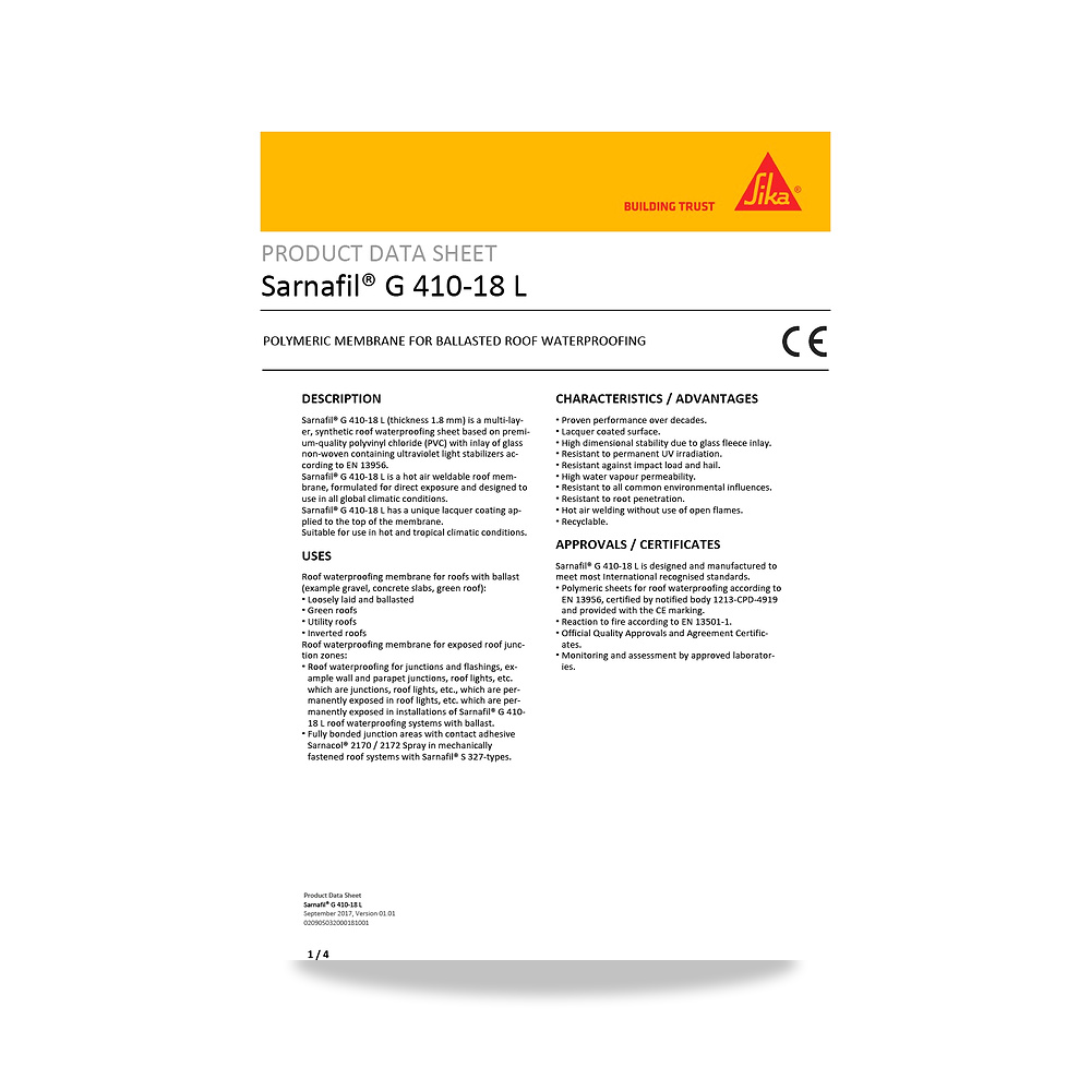 صورة منتج مسامير وبراغي وفيشر وخوابير سيكا (Sika) موديل Sarnafil G 410-18 L (CH_CE) - كود الصنف reemco-2027-1444586 - ماركة يباع من خلال reemco - توريد وتصوير حصري لشركة ريمكو القابضة السعودية