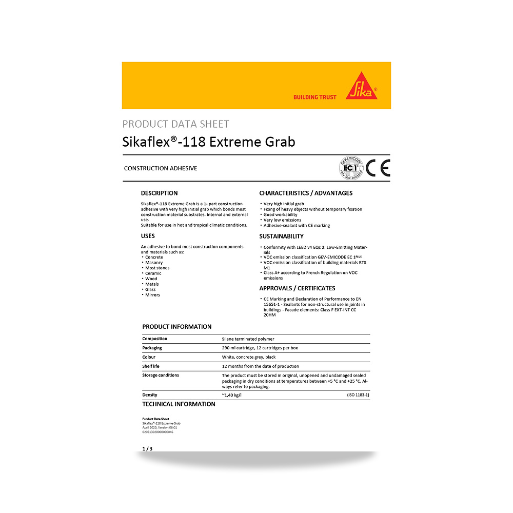 صورة منتج معجون ومانع تسرب مرن لفواصل التمدد والإنشاءات سيكا (Sika) موديل Sikaflex-118 Extreme Grab - كود الصنف reemco-2027-1444688 - ماركة يباع من خلال reemco - توريد وتصوير حصري لشركة ريمكو القابضة السعودية