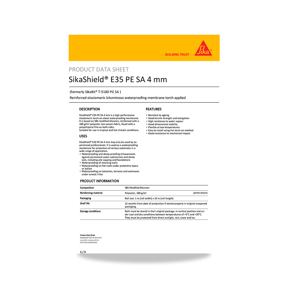 صورة منتج عازل مائي وحماية للأسطح والخرسانة والأساسات سيكا (Sika) موديل SikaShield E35 PE SA 4 mm - كود الصنف reemco-2027-1444701 - ماركة يباع من خلال reemco - توريد وتصوير حصري لشركة ريمكو القابضة السعودية