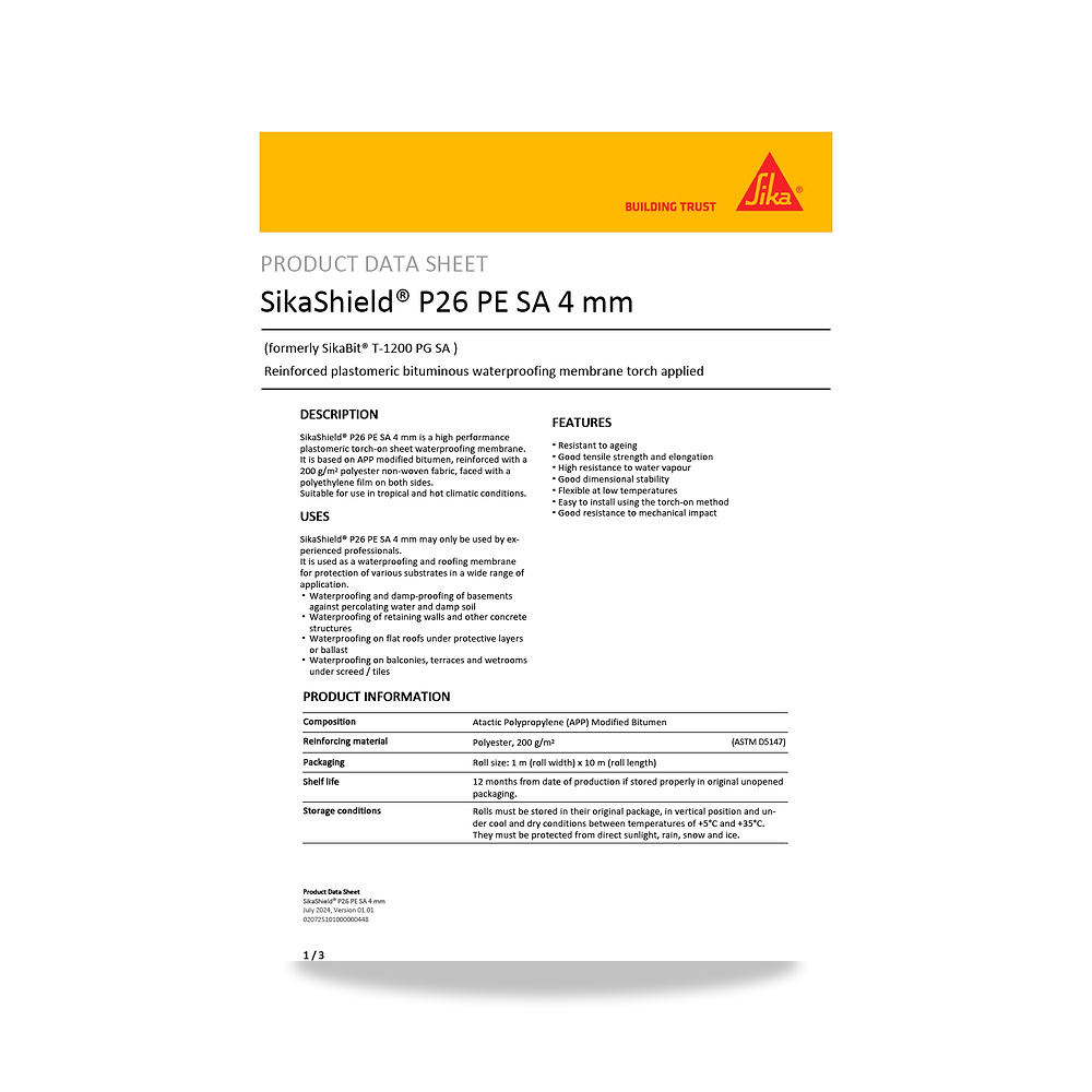 صورة منتج عازل مائي وحماية للأسطح والخرسانة والأساسات سيكا (Sika) موديل SikaShield P26 PE SA 4 mm - كود الصنف reemco-2027-1444704 - ماركة يباع من خلال reemco - توريد وتصوير حصري لشركة ريمكو القابضة السعودية