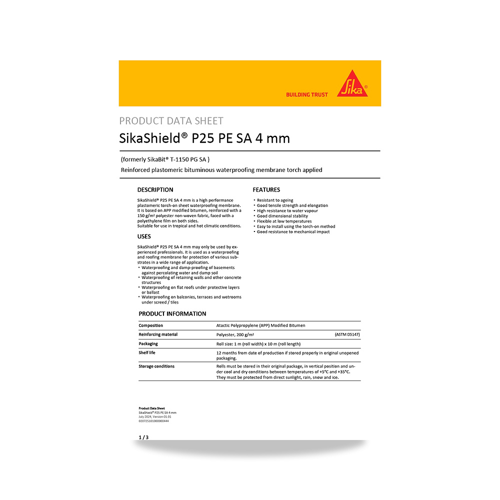 صورة منتج عازل مائي وحماية للأسطح والخرسانة والأساسات سيكا (Sika) موديل SikaShield P25 PE SA 4 mm - كود الصنف reemco-2027-1444705 - ماركة يباع من خلال reemco - توريد وتصوير حصري لشركة ريمكو القابضة السعودية