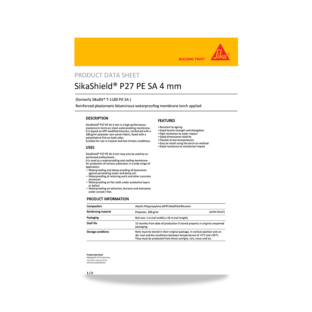 صورة منتج عازل مائي وحماية للأسطح والخرسانة والأساسات سيكا (Sika) موديل SikaShield P27 PE SA 4 mm - كود الصنف reemco-2027-1444706 - ماركة يباع من خلال reemco - توريد وتصوير حصري لشركة ريمكو القابضة السعودية