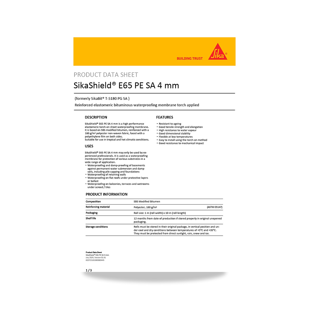 صورة منتج عازل مائي وحماية للأسطح والخرسانة والأساسات سيكا (Sika) موديل SikaShield E65 PE SA 4 mm - كود الصنف reemco-2027-1444708 - ماركة يباع من خلال reemco - توريد وتصوير حصري لشركة ريمكو القابضة السعودية